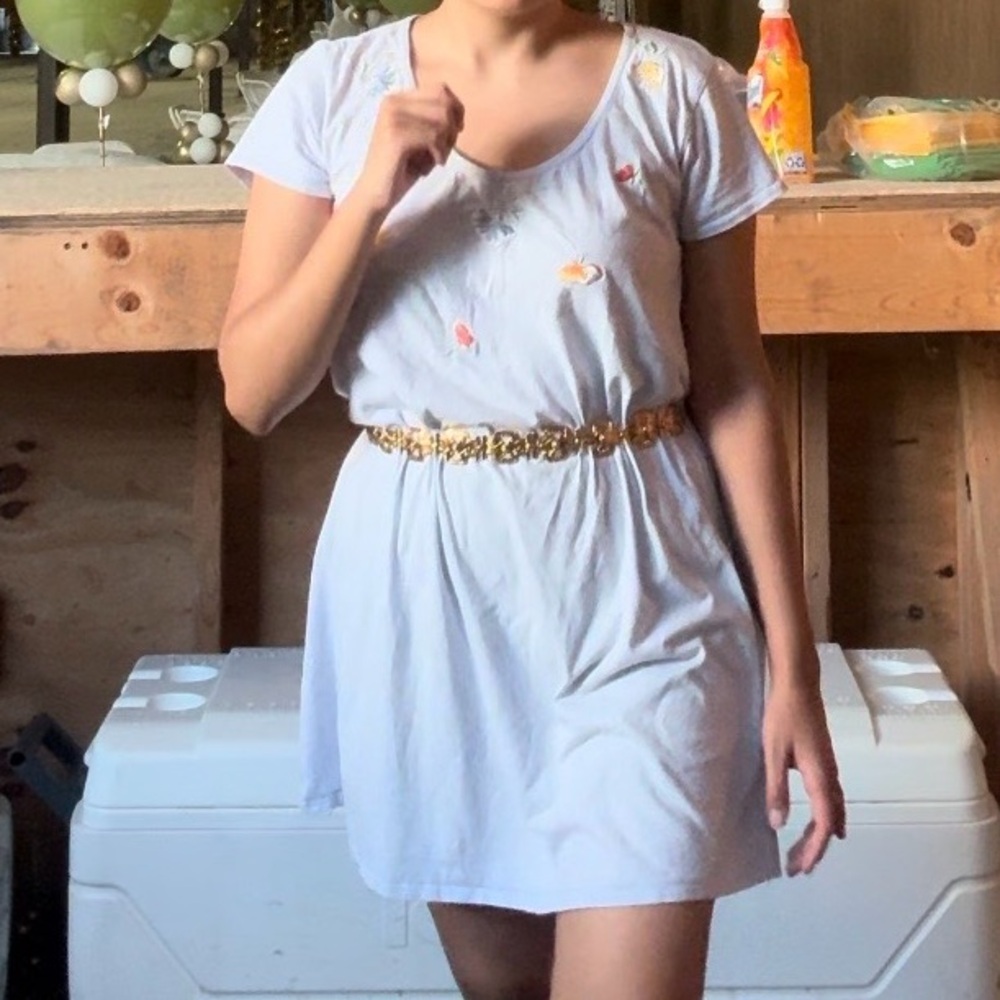 100% Cotton, Vintage Floral Embroidered Light Lilac Mini Dress